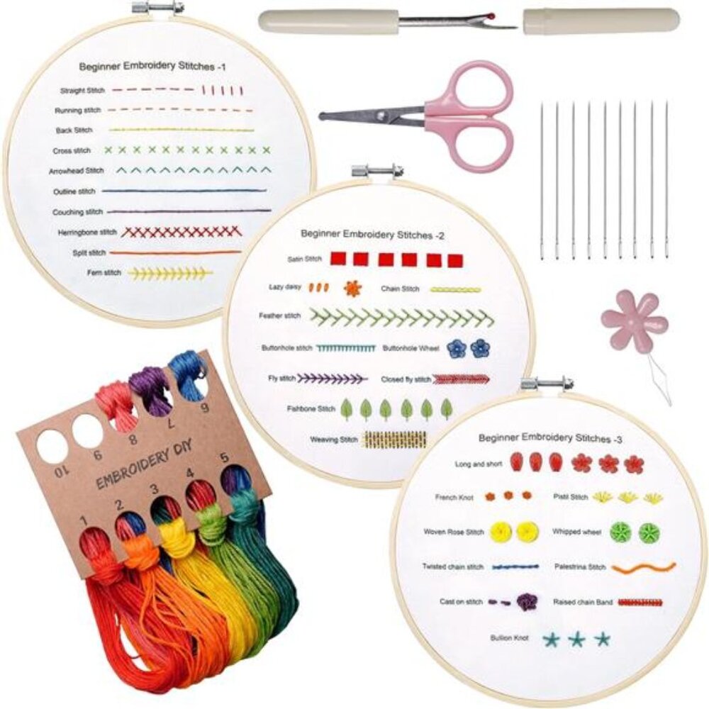 Beginners Embroidery Practice kit 3 Sets to Learn 30 Different Stitches